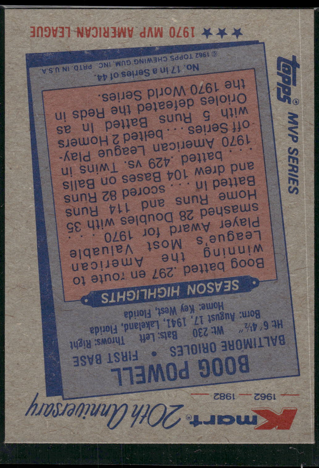 1982 Topps Kmart 20th Anniversary AL & NL MVP's #17 Boog Powell