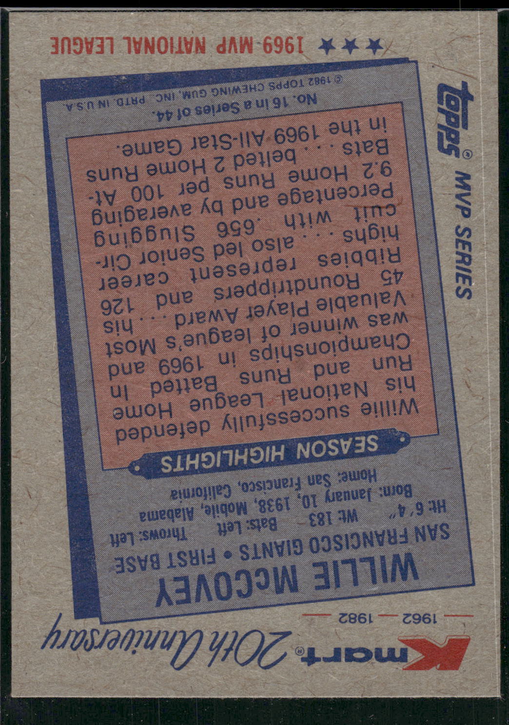 1982 Topps Kmart 20th Anniversary AL & NL MVP's #16 Willie McCovey