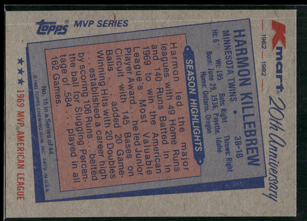 1982 Topps Kmart 20th Anniversary AL & NL MVP's #15 Harmon Killebrew