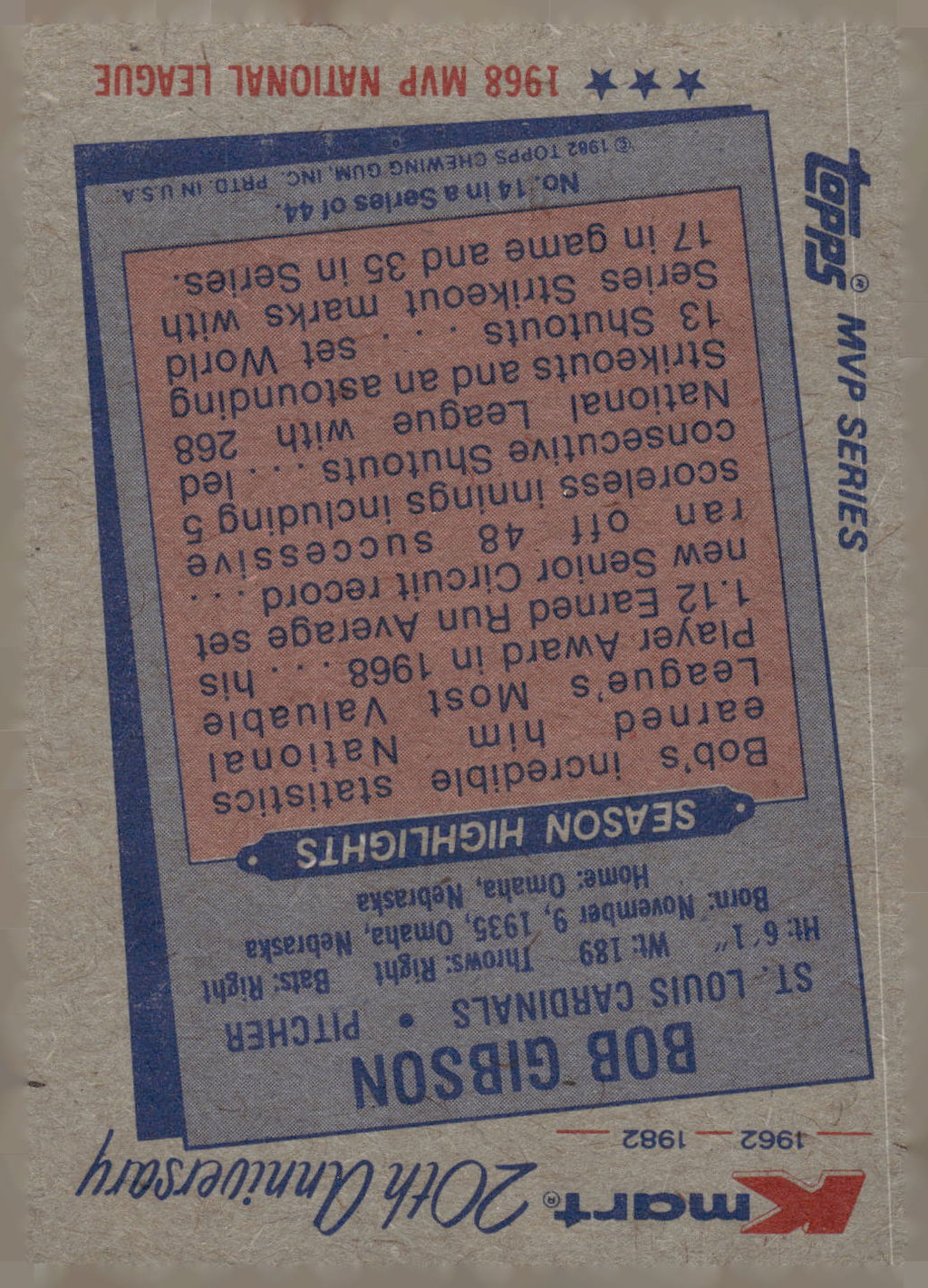 1982 Topps Kmart 20th Anniversary AL & NL MVP's #14 Bob Gibson