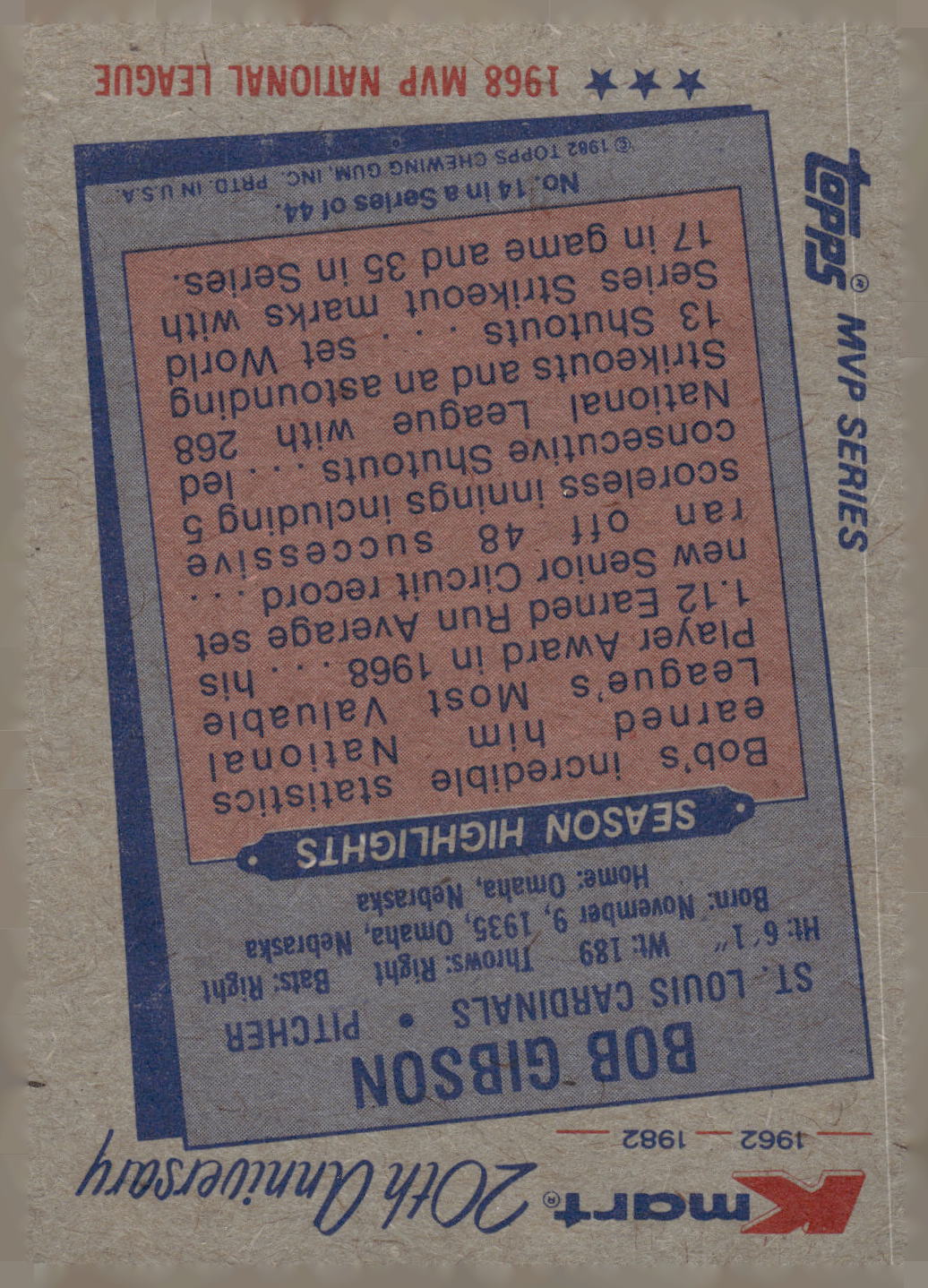 1982 Topps Kmart 20th Anniversary AL & NL MVP's #14 Bob Gibson
