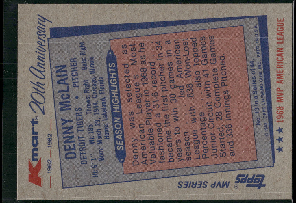 1982 Topps Kmart 20th Anniversary AL & NL MVP's #13 Denny McLain