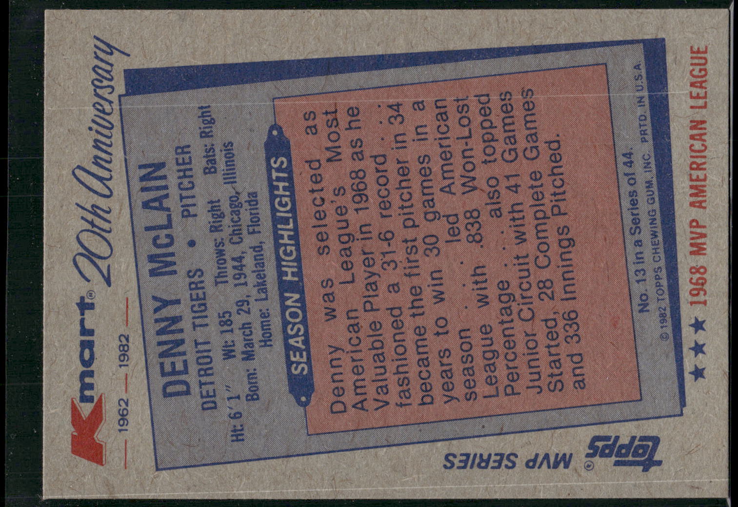 1982 Topps Kmart 20th Anniversary AL & NL MVP's #13 Denny McLain