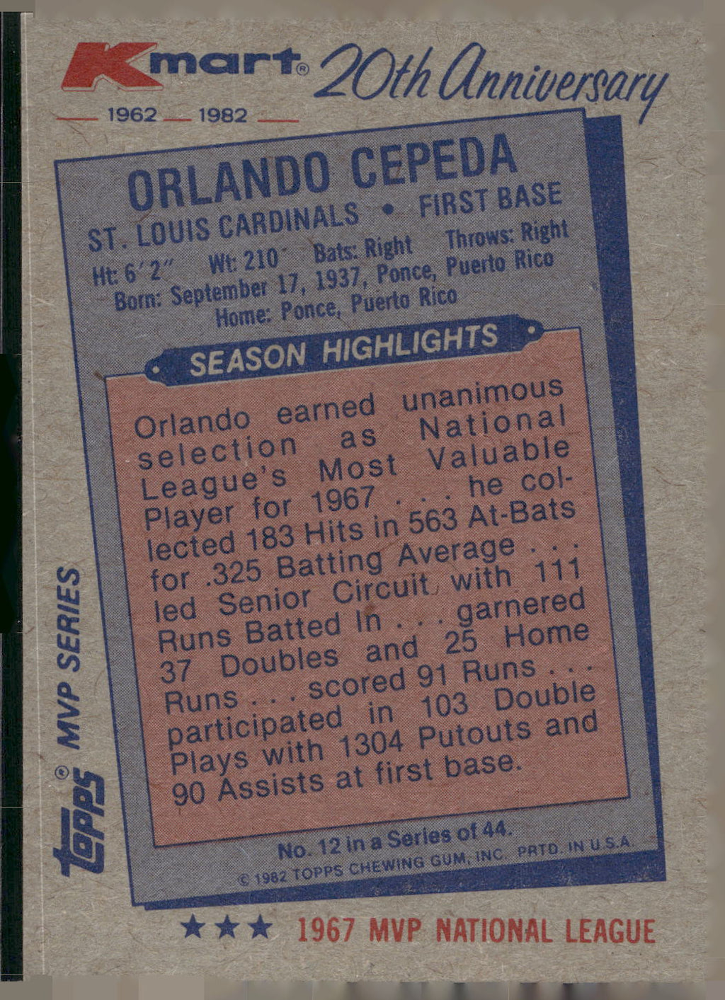 1982 Topps Kmart 20th Anniversary AL & NL MVP's #12 Orlando Cepeda