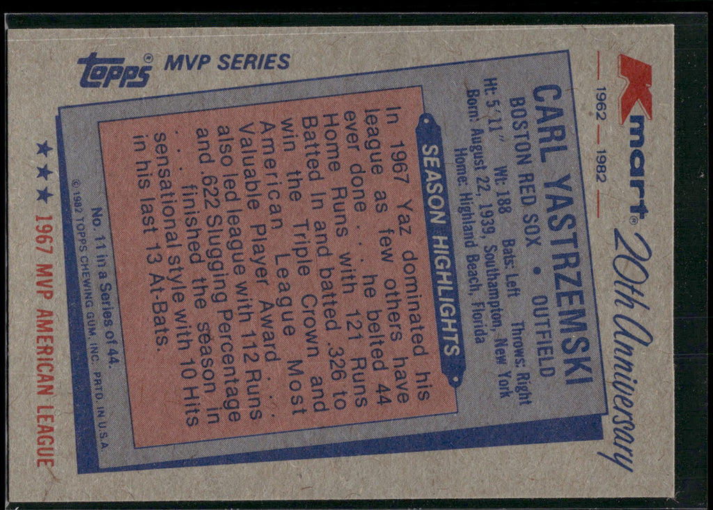 1982 Topps Kmart 20th Anniversary AL & NL MVP's #11 Carl Yastrzemski