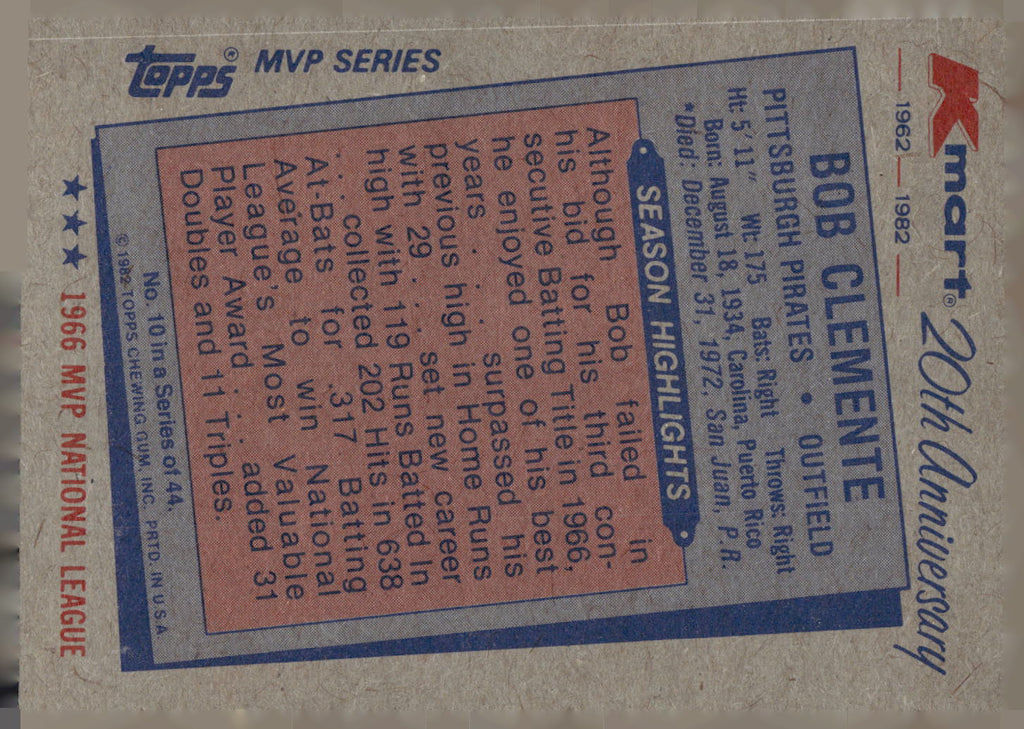 1982 Topps Kmart 20th Anniversary AL & NL MVP's #10 Bob Clemente