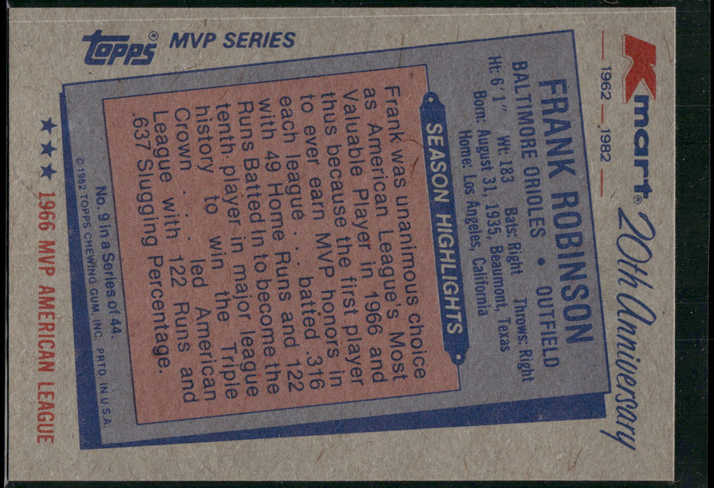 1982 Topps Kmart 20th Anniversary AL & NL MVP's #9 Frank Robinson