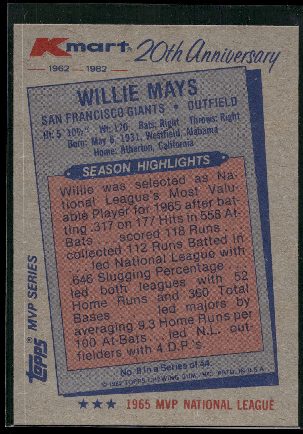 1982 Topps Kmart 20th Anniversary AL & NL MVP's #8 Willie Mays