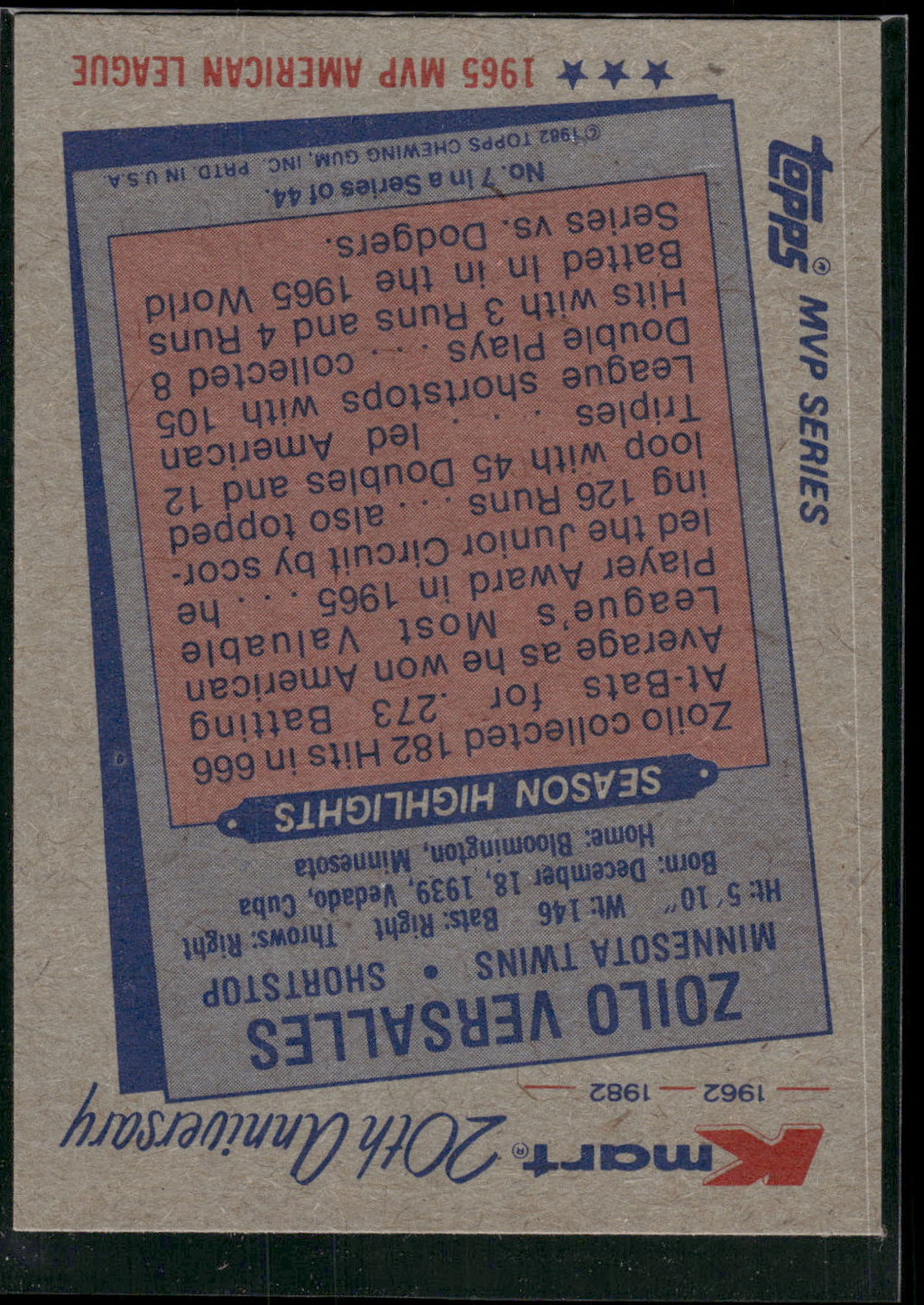 1982 Topps Kmart 20th Anniversary AL & NL MVP's #7 Zoilo Versalles
