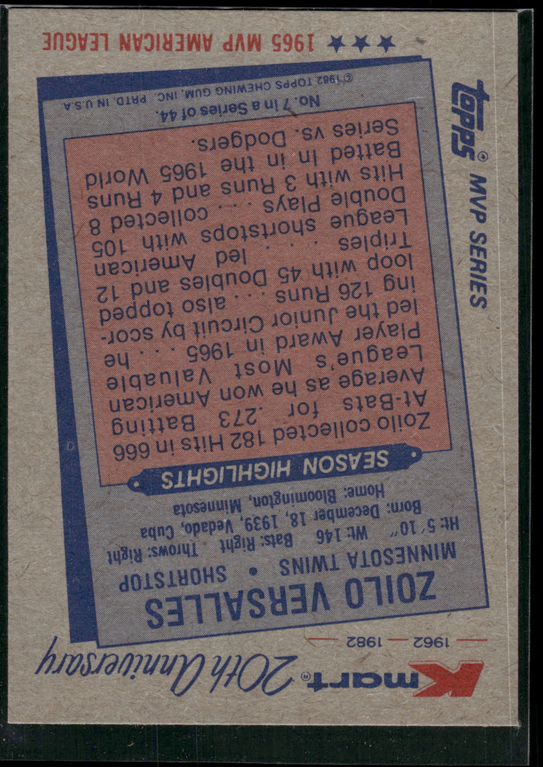 1982 Topps Kmart 20th Anniversary AL & NL MVP's #7 Zoilo Versalles