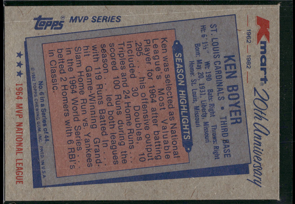 1982 Topps Kmart 20th Anniversary AL & NL MVP's #6 Ken Boyer