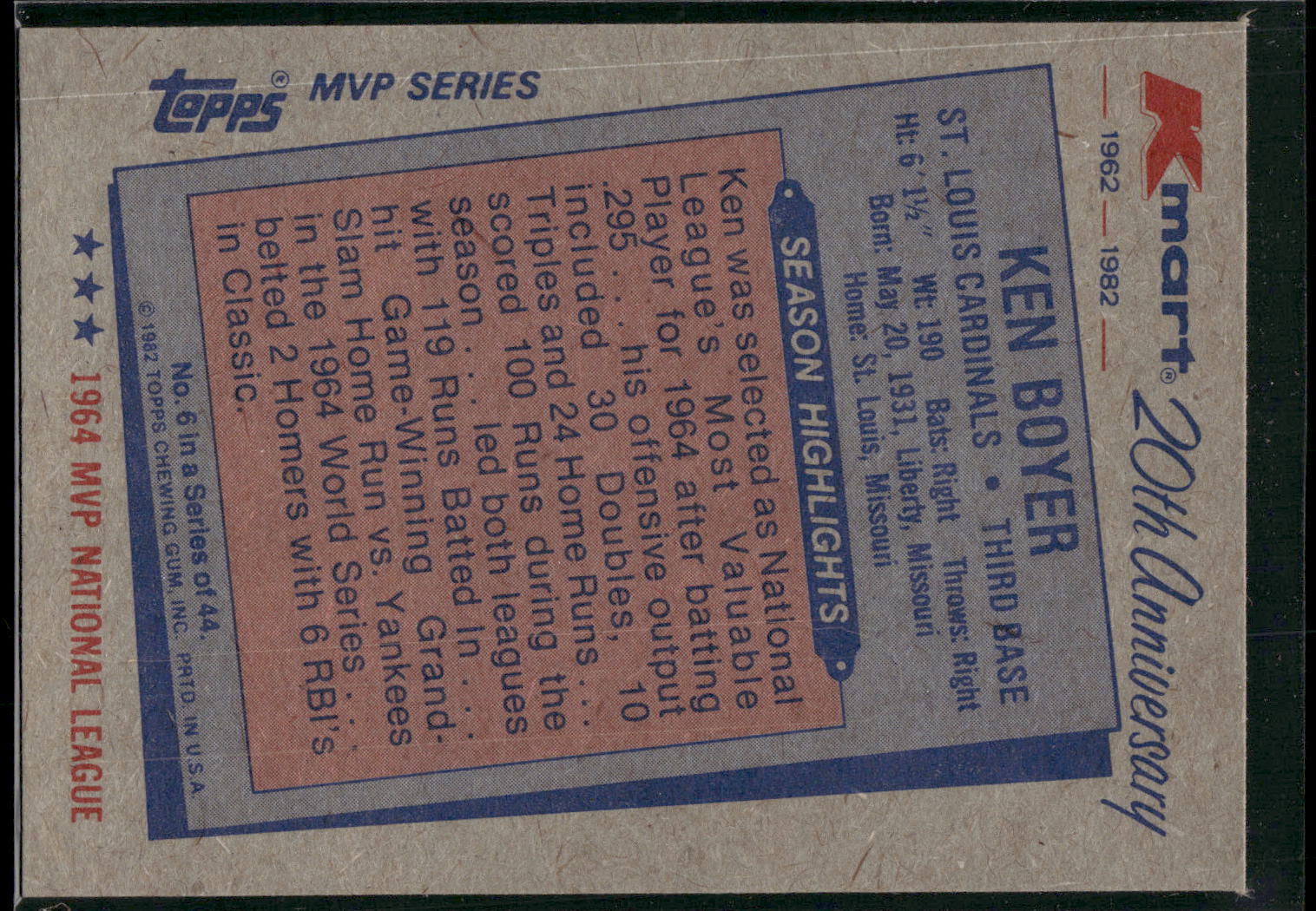 1982 Topps Kmart 20th Anniversary AL & NL MVP's #6 Ken Boyer