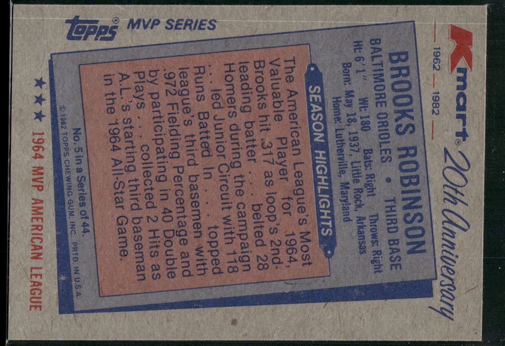 1982 Topps Kmart 20th Anniversary AL & NL MVP's #5 Brooks Robinson