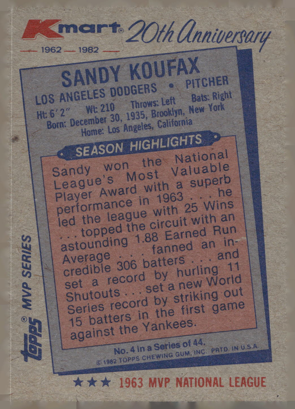 1982 Topps Kmart 20th Anniversary AL & NL MVP's #4 Sandy Koufax