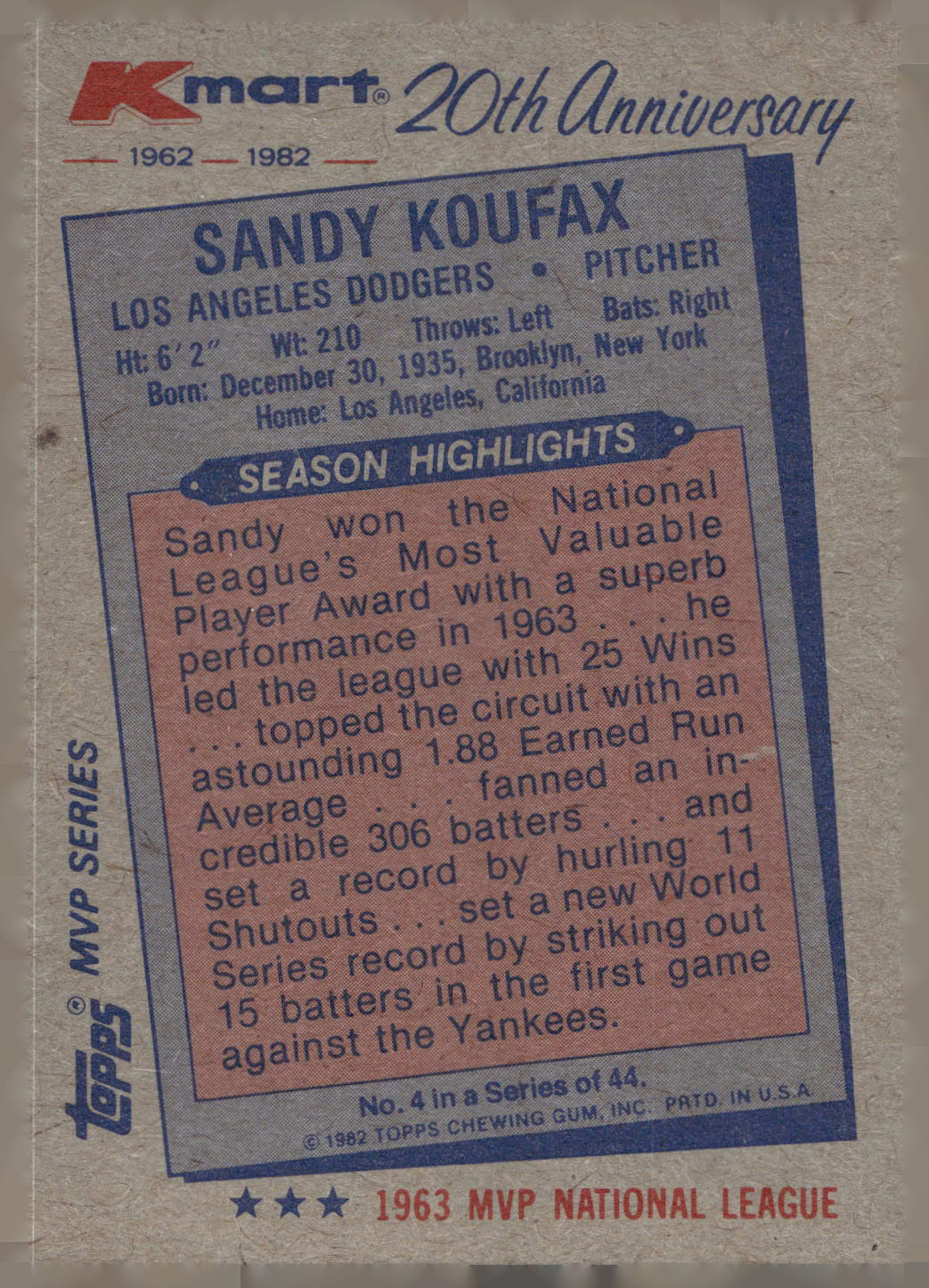 1982 Topps Kmart 20th Anniversary AL & NL MVP's #4 Sandy Koufax
