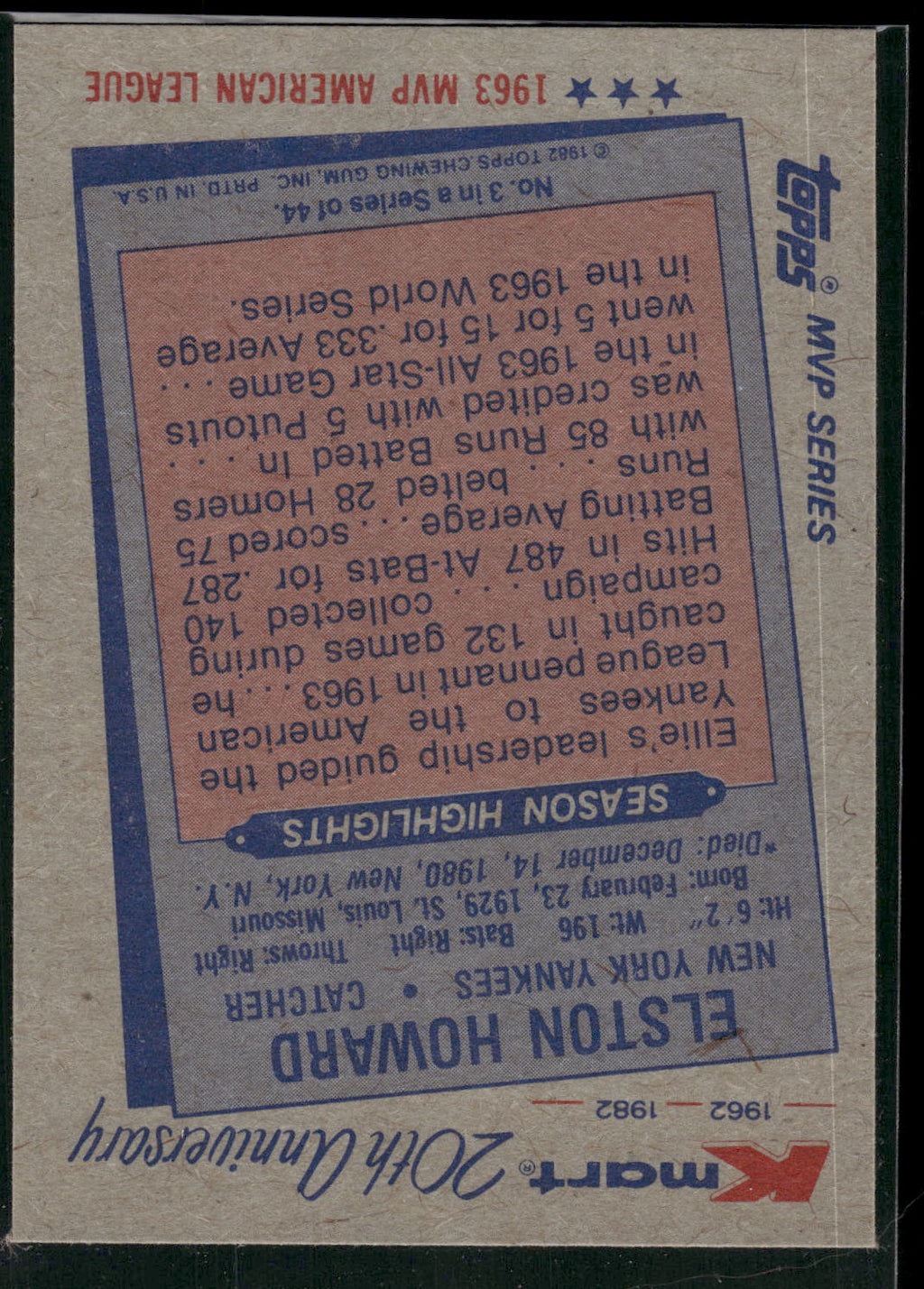 1982 Topps Kmart 20th Anniversary AL & NL MVP's #3 Elston Howard