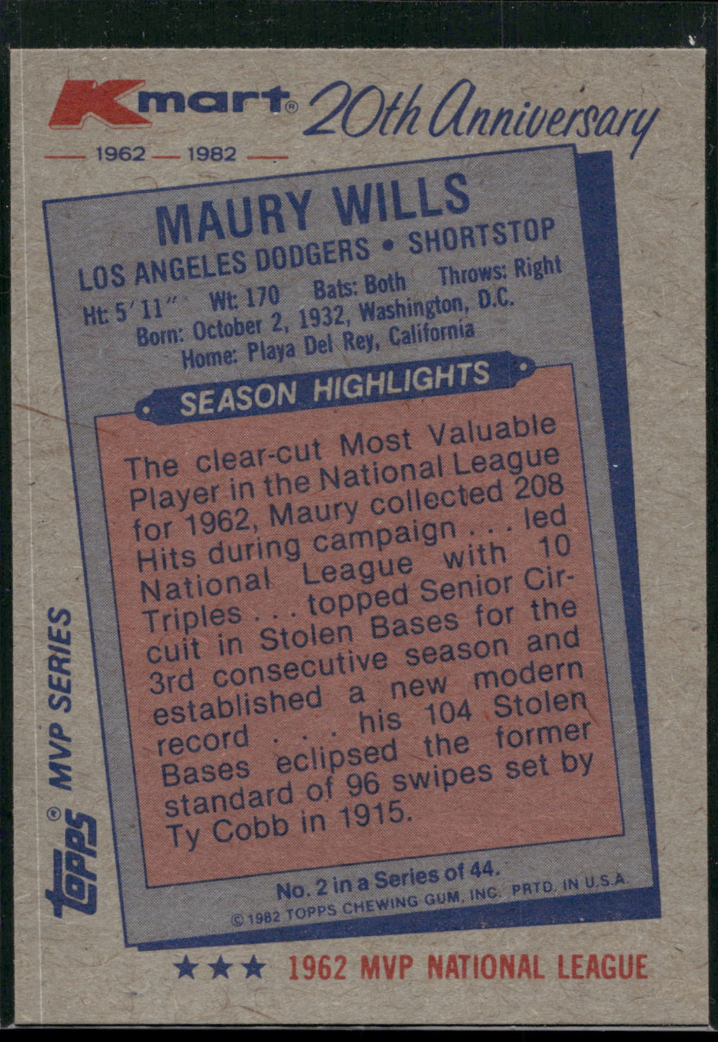 1982 Topps Kmart 20th Anniversary AL & NL MVP's #2 Maury Wills