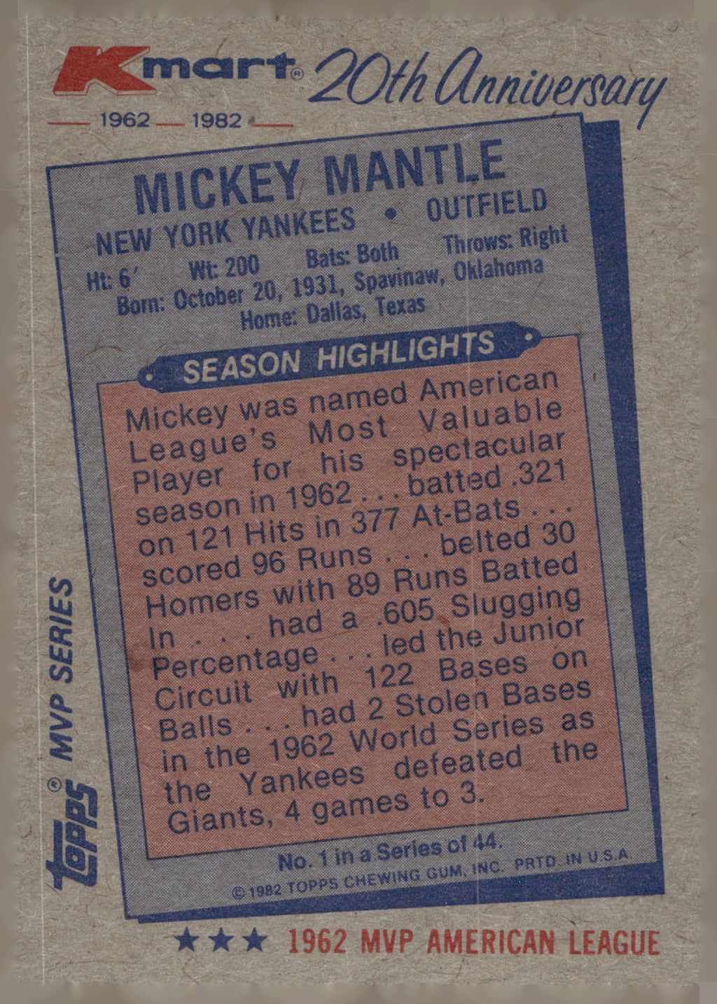 1982 Topps Kmart 20th Anniversary AL & NL MVP's #1 Mickey Mantle