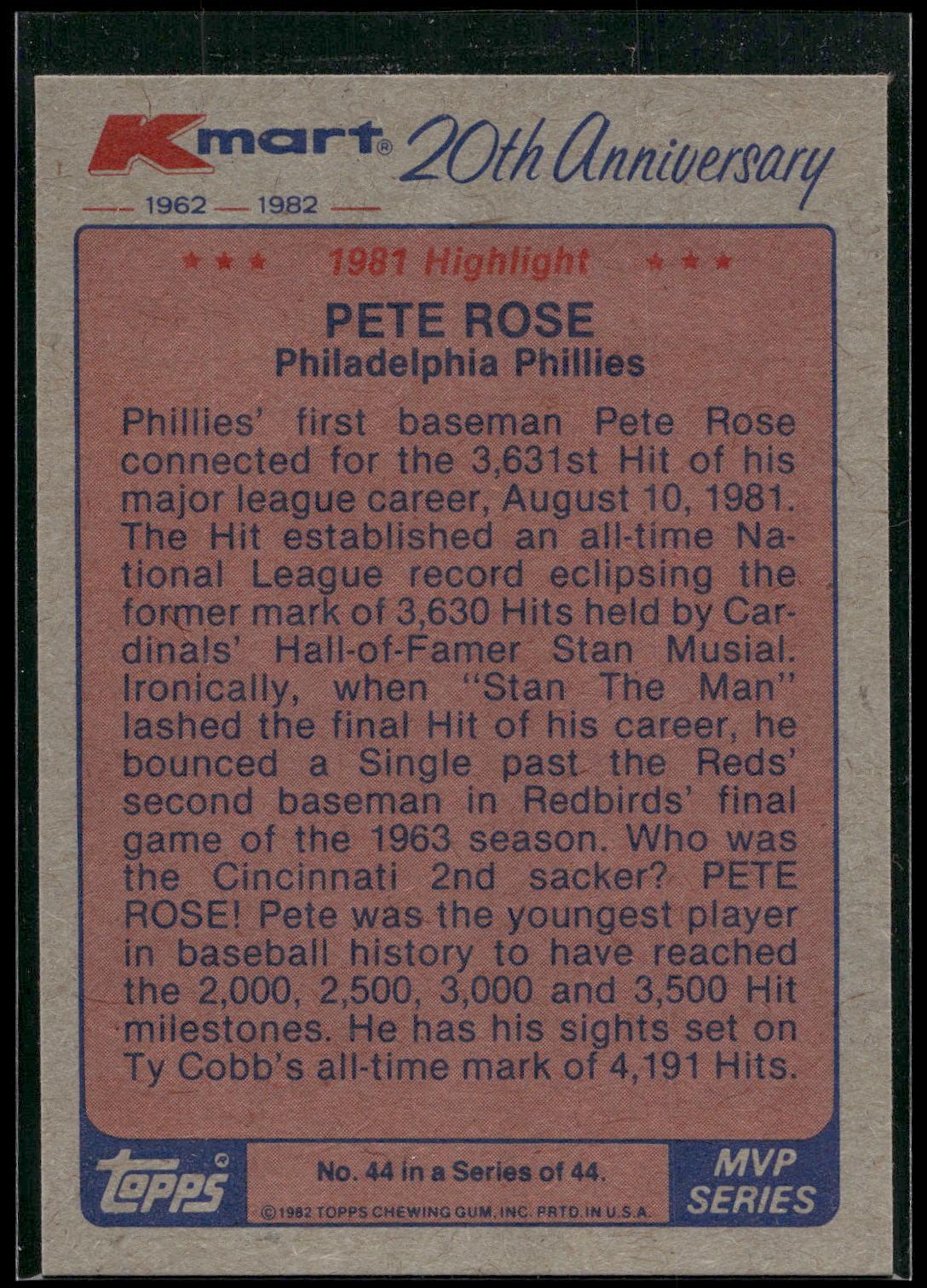 1982 Topps Kmart 20th Anniversary AL & NL MVP's #44 Pete Rose
