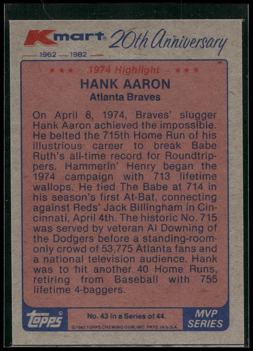 1982 Topps Kmart 20th Anniversary AL & NL MVP's #43 Hank Aaron