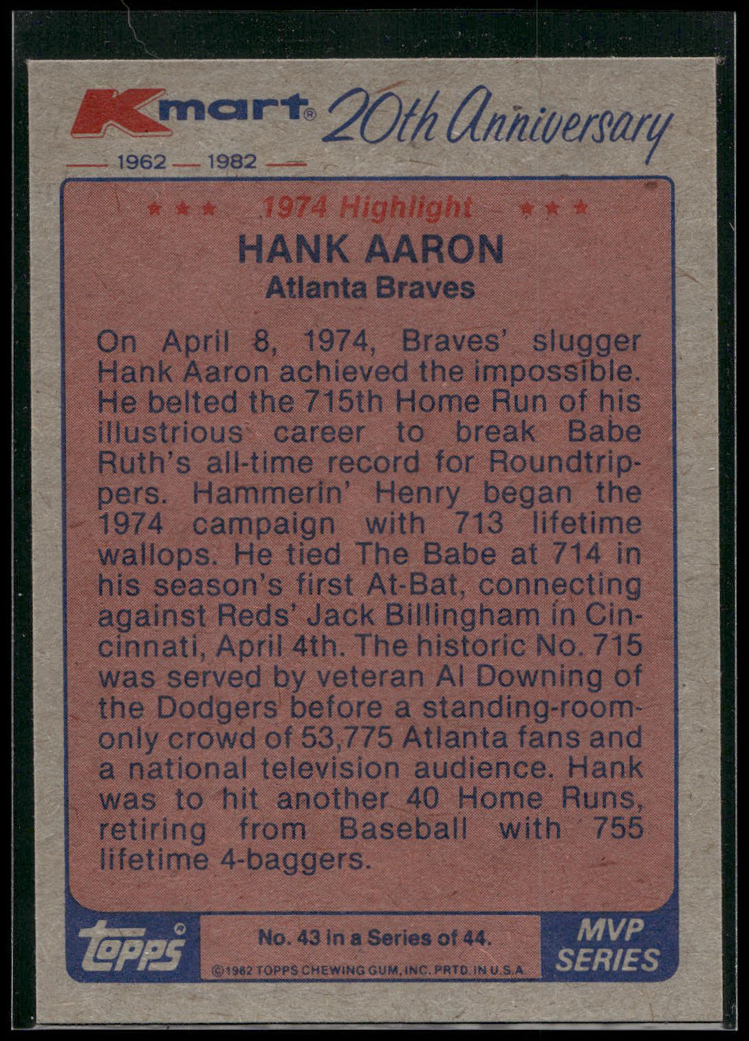 1982 Topps Kmart 20th Anniversary AL & NL MVP's #43 Hank Aaron