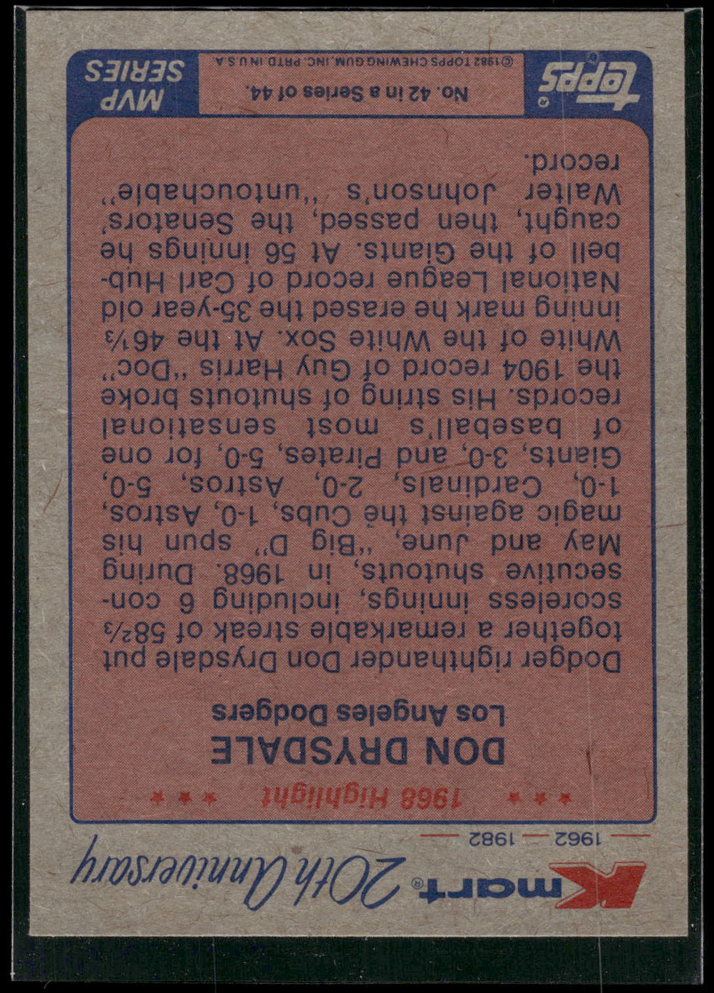 1982 Topps Kmart 20th Anniversary AL & NL MVP's #42 Don Drysdale
