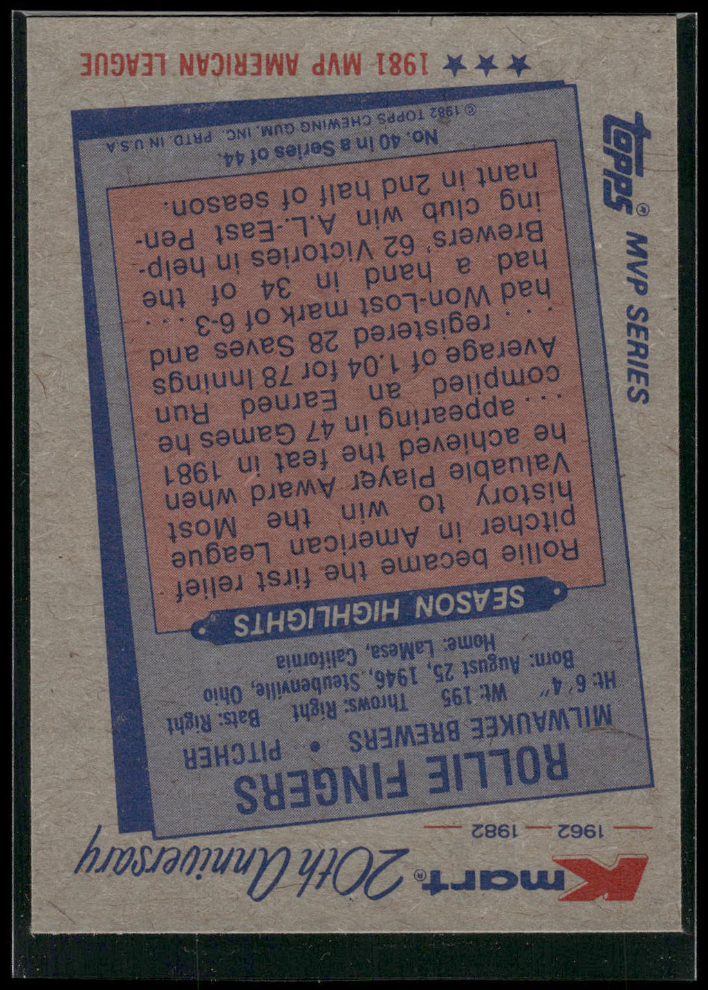 1982 Topps Kmart 20th Anniversary AL & NL MVP's #40 Rollie Fingers