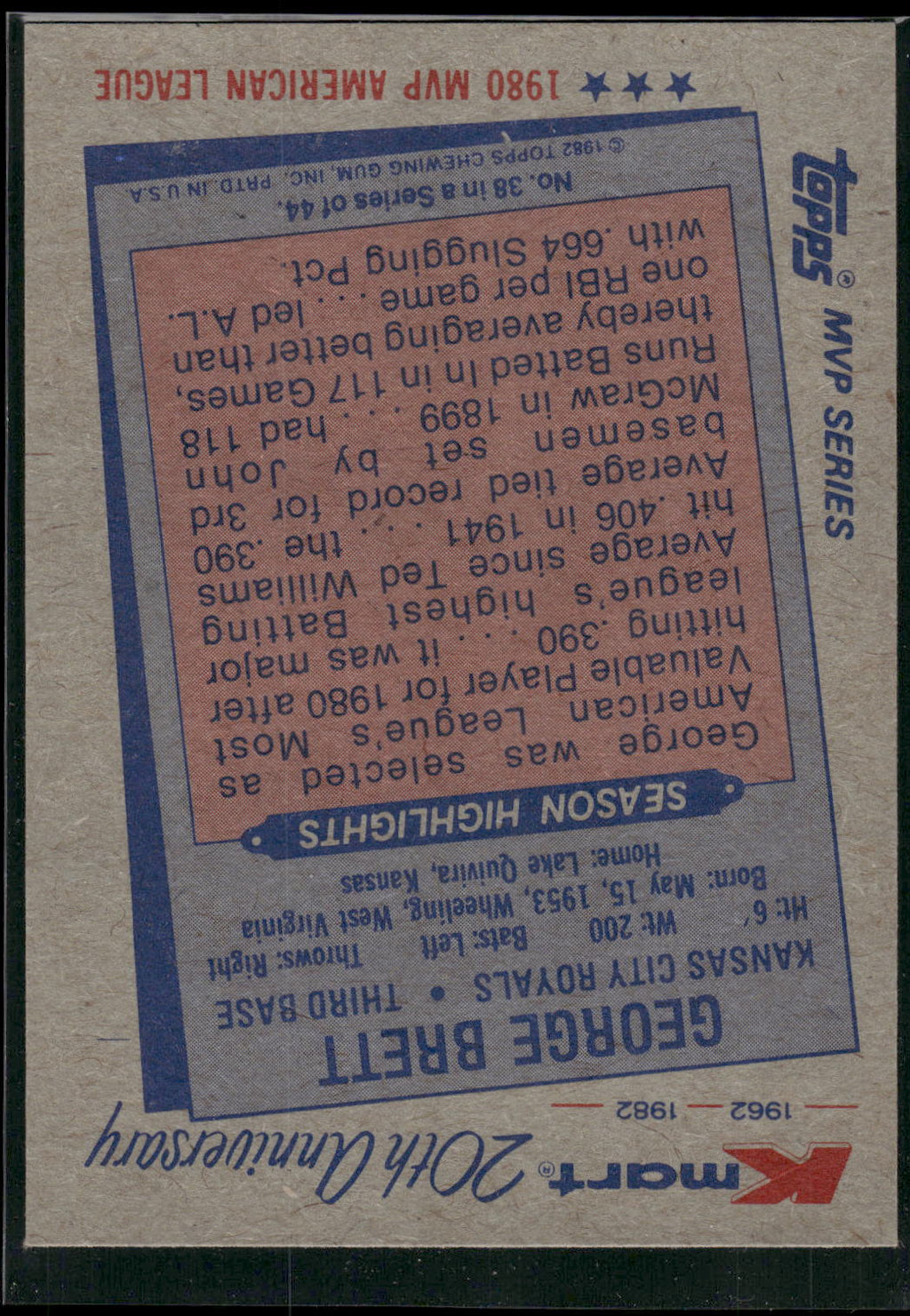 1982 Topps Kmart 20th Anniversary AL & NL MVP's #38 George Brett