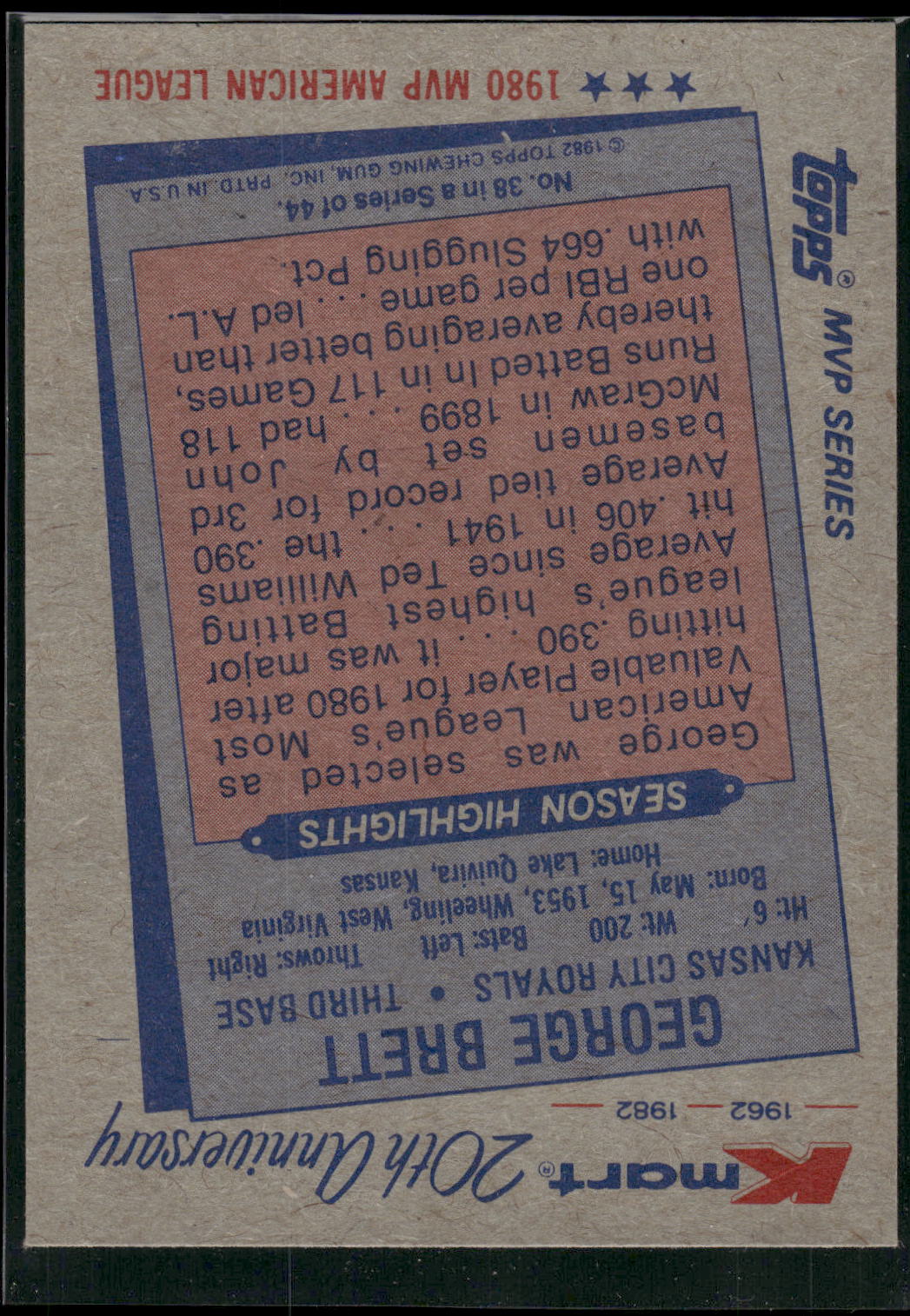 1982 Topps Kmart 20th Anniversary AL & NL MVP's #38 George Brett