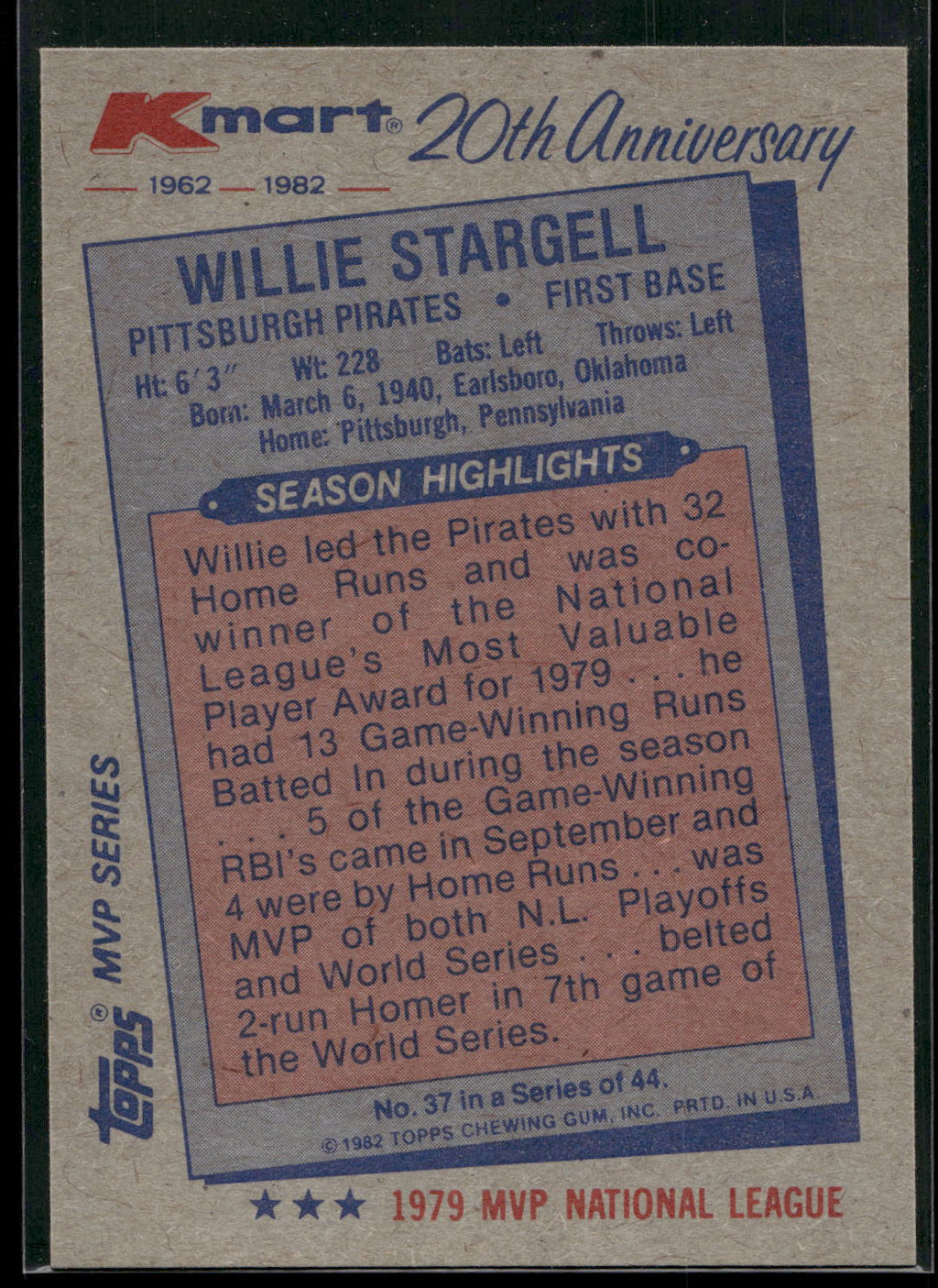 1982 Topps Kmart 20th Anniversary AL & NL MVP's #37 Willie Stargell