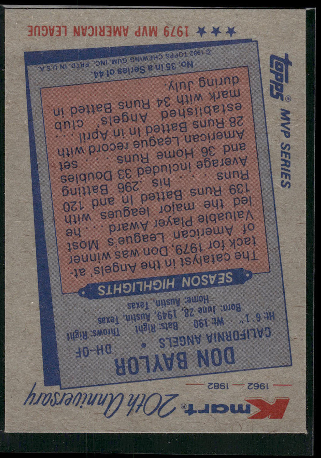 1982 Topps Kmart 20th Anniversary AL & NL MVP's #35 Don Baylor