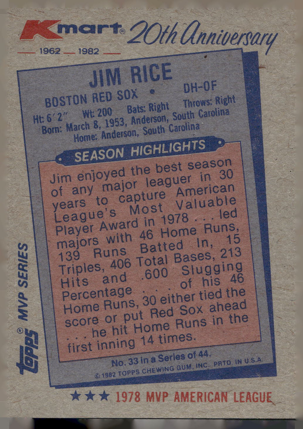 1982 Topps Kmart 20th Anniversary AL & NL MVP's #33 Jim Rice