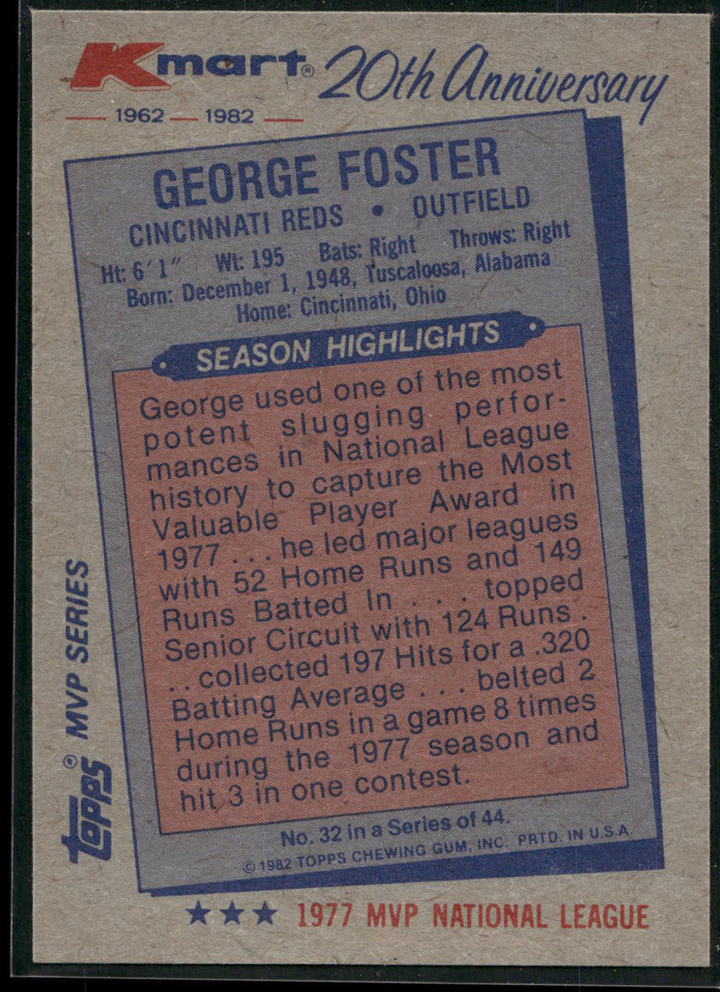 1982 Topps Kmart 20th Anniversary AL & NL MVP's #32 George Foster