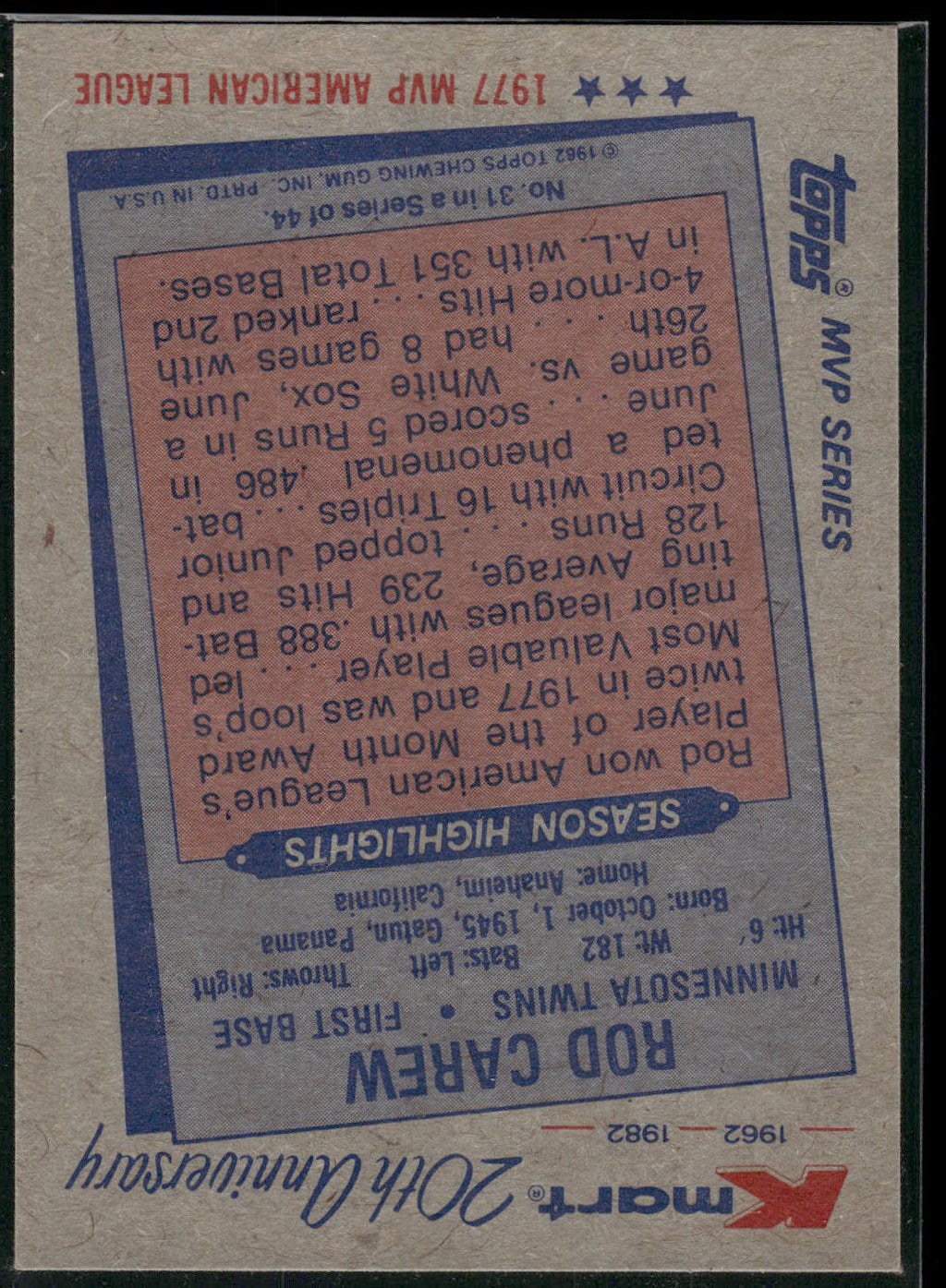 1982 Topps Kmart 20th Anniversary AL & NL MVP's #31 Rod Carew