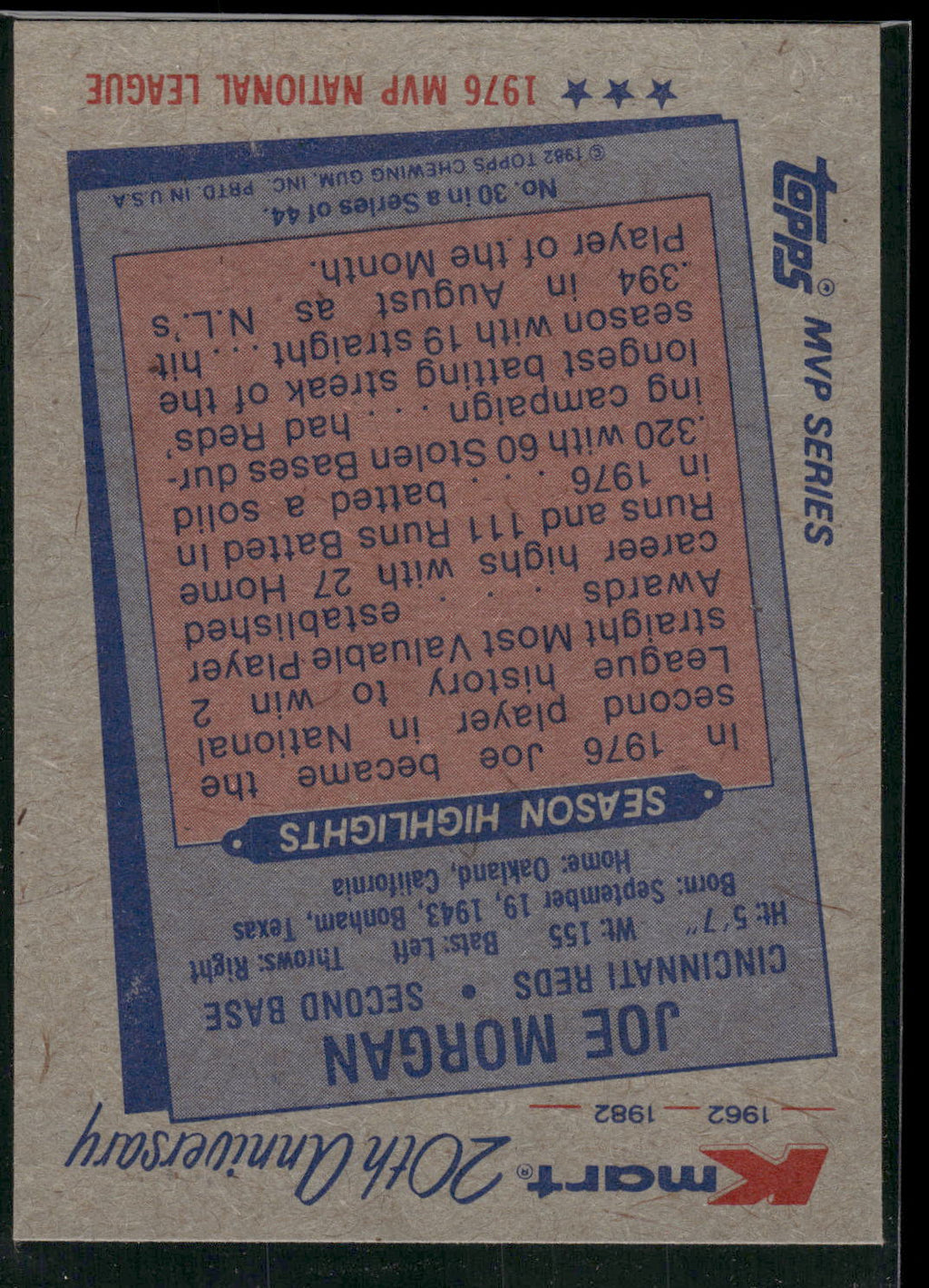 1982 Topps Kmart 20th Anniversary AL & NL MVP's #30 Joe Morgan