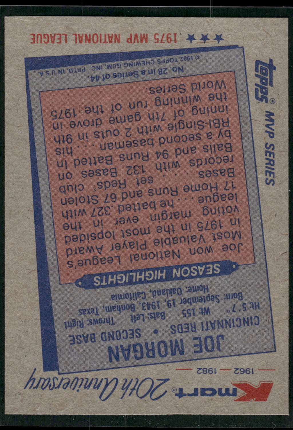 1982 Topps Kmart 20th Anniversary AL & NL MVP's #28 Joe Morgan