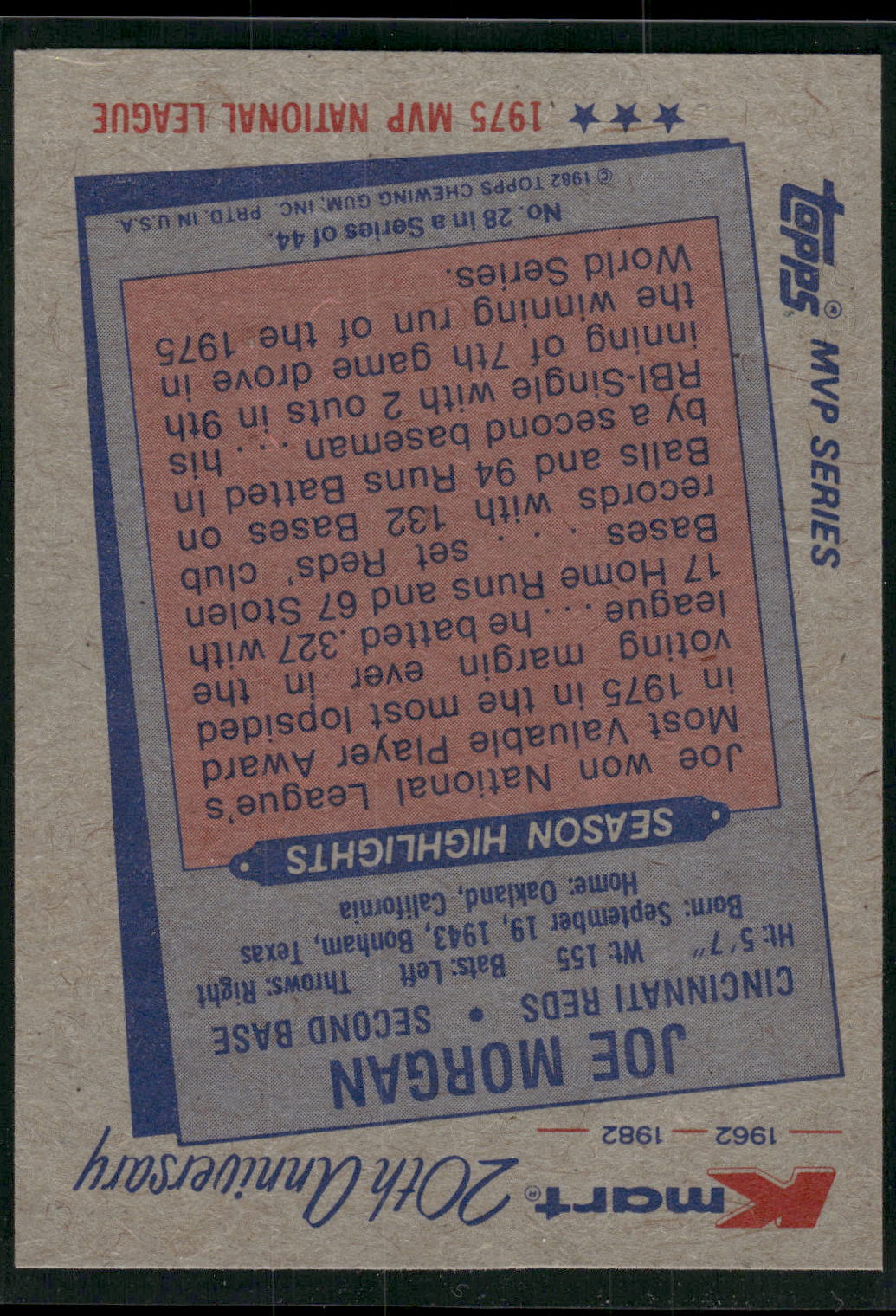 1982 Topps Kmart 20th Anniversary AL & NL MVP's #28 Joe Morgan