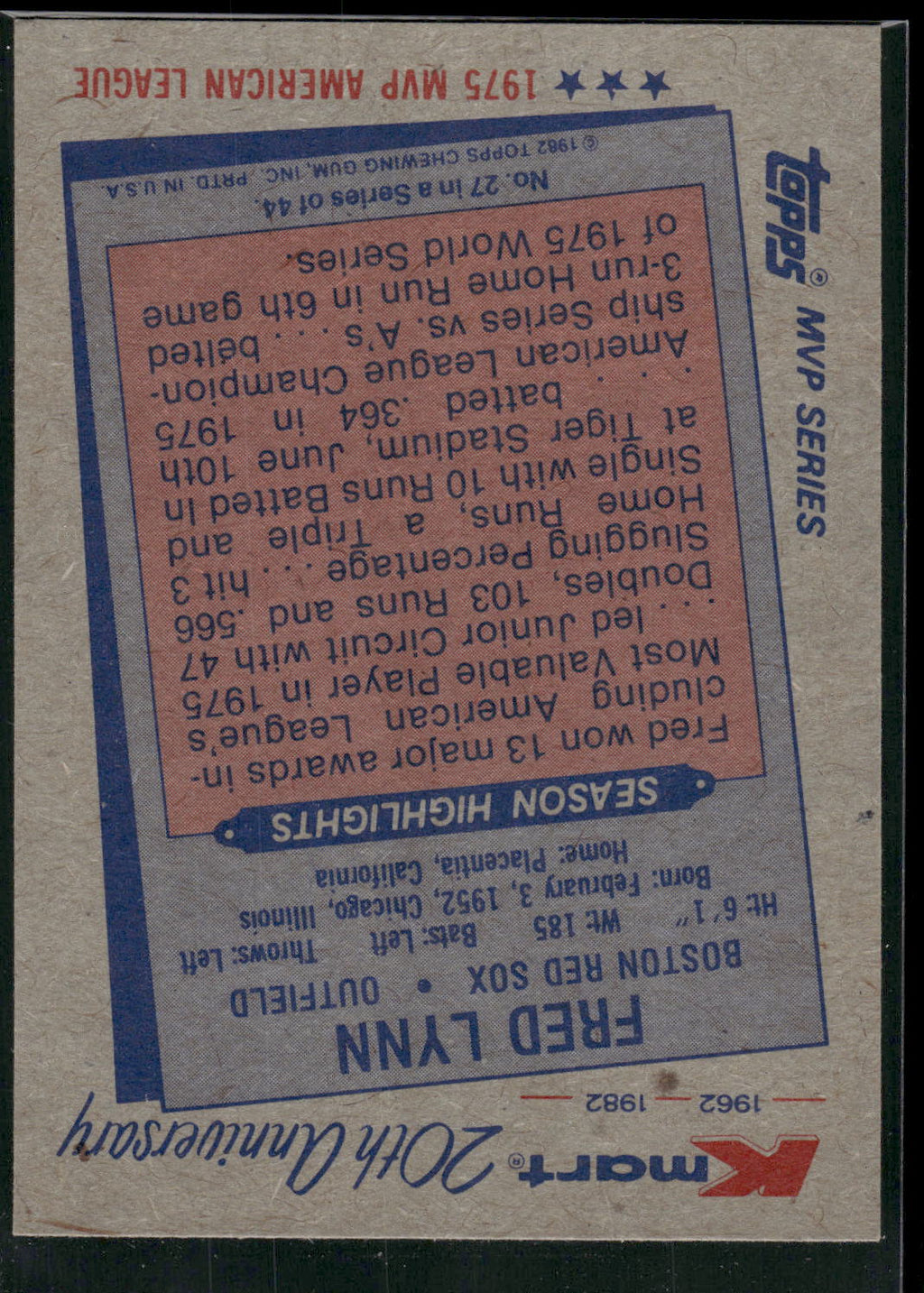 1982 Topps Kmart 20th Anniversary AL & NL MVP's #27 Fred Lynn