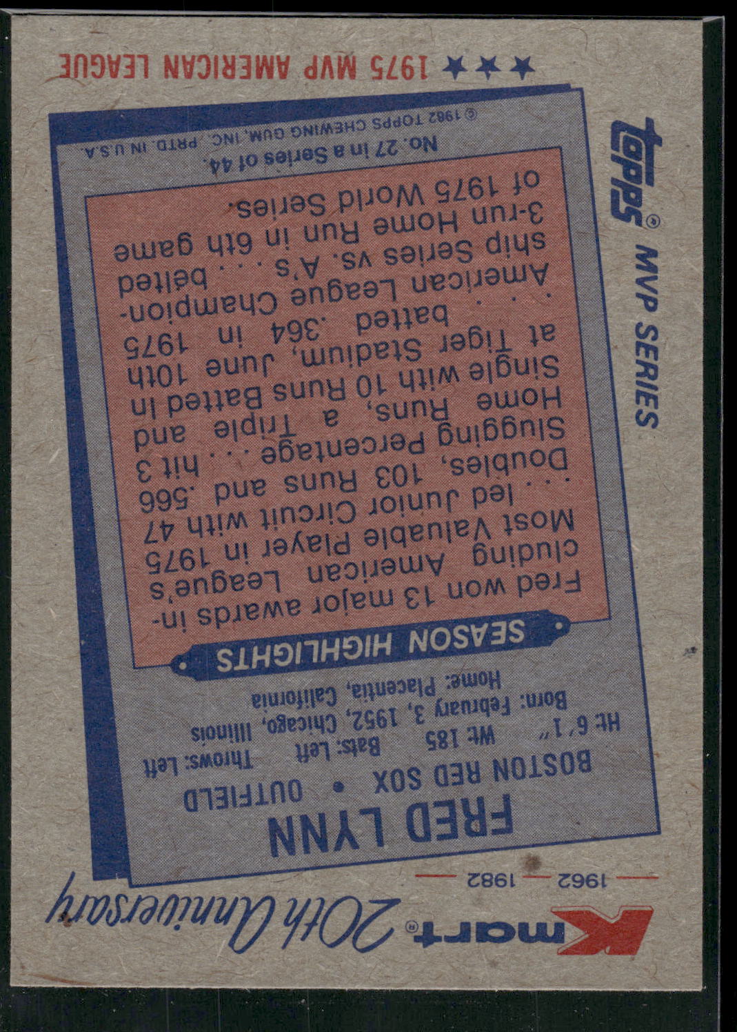 1982 Topps Kmart 20th Anniversary AL & NL MVP's #27 Fred Lynn