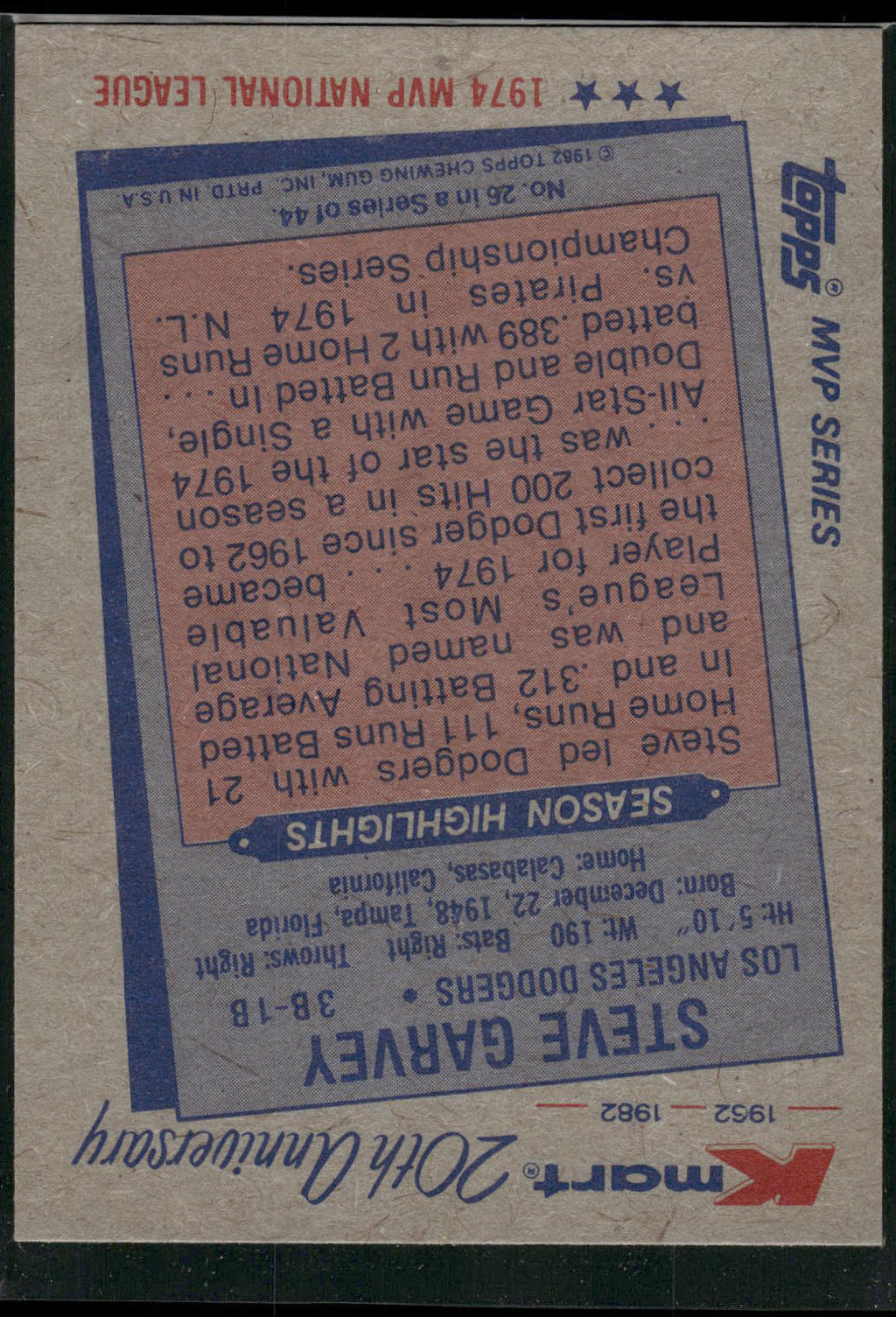 1982 Topps Kmart 20th Anniversary AL & NL MVP's #26 Steve Garvey