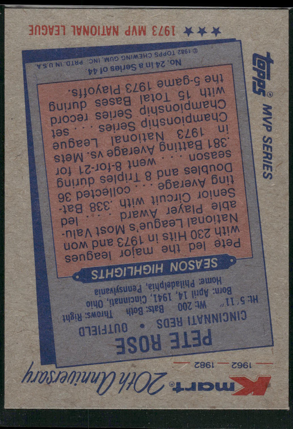 1982 Topps Kmart 20th Anniversary AL & NL MVP's #24 Pete Rose