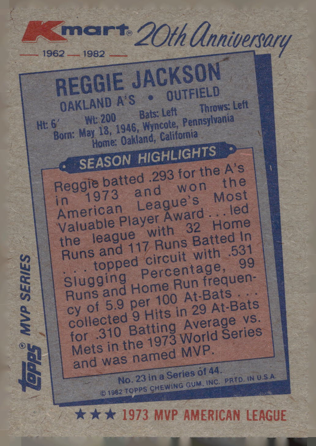 1982 Topps Kmart 20th Anniversary AL & NL MVP's #23 Reggie Jackson
