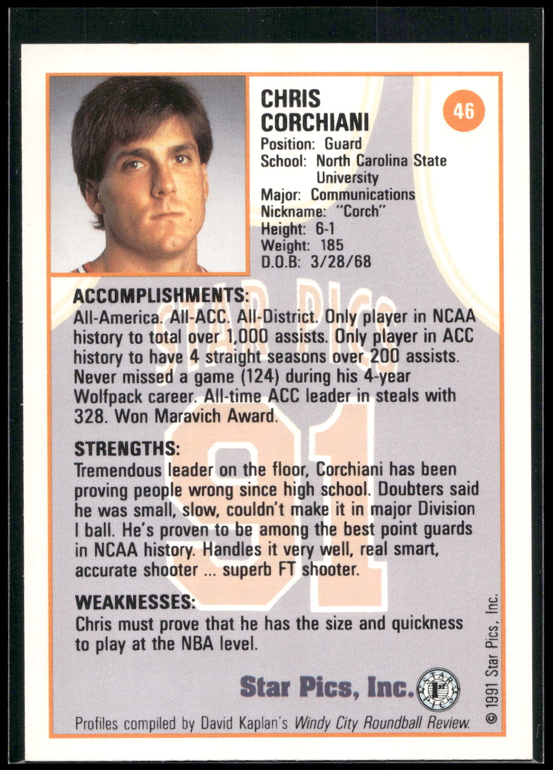 1991 Star Pics #46 Chris Corchiani