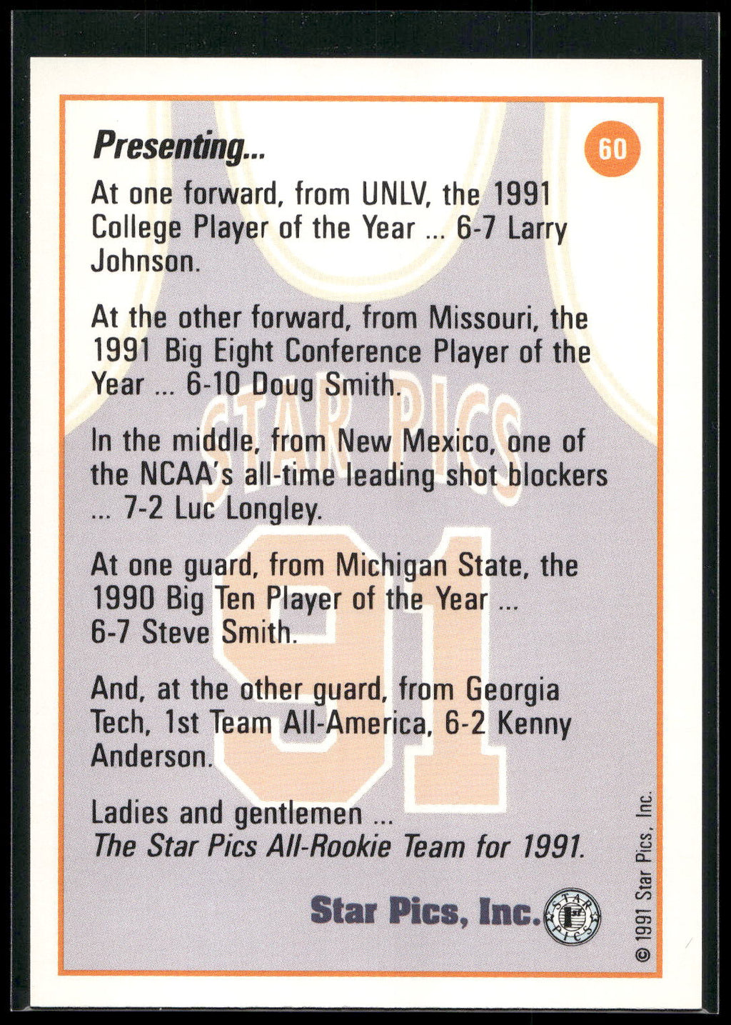 1991 Star Pics #60 Larry Johnson / Smith / Luc Longley / Anderson
