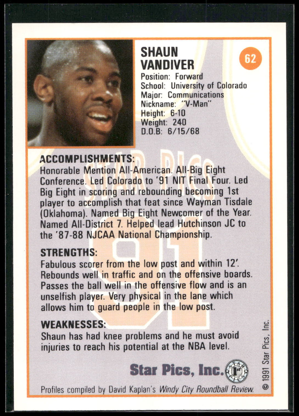 1991 Star Pics #62 Shaun Vandiver