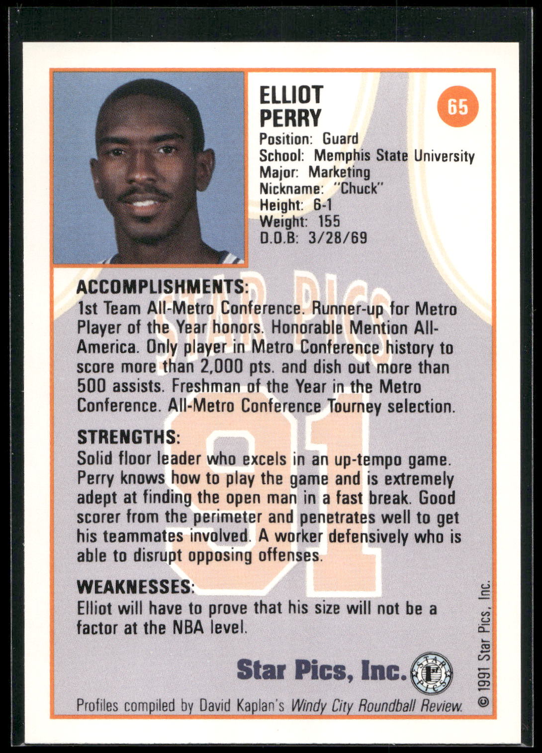 1991 Star Pics #65 Elliot Perry