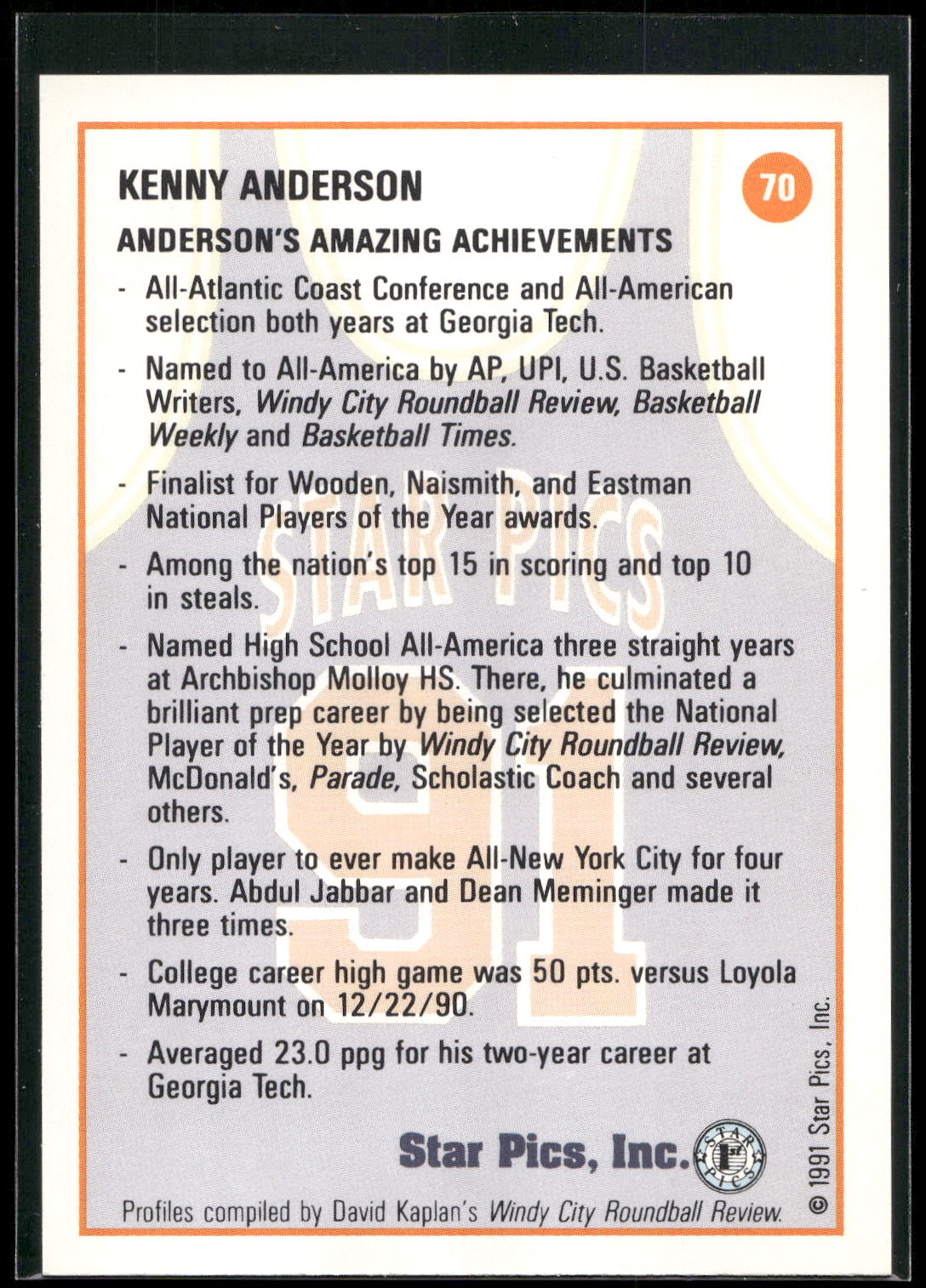 1991 Star Pics #70 Kenny Anderson