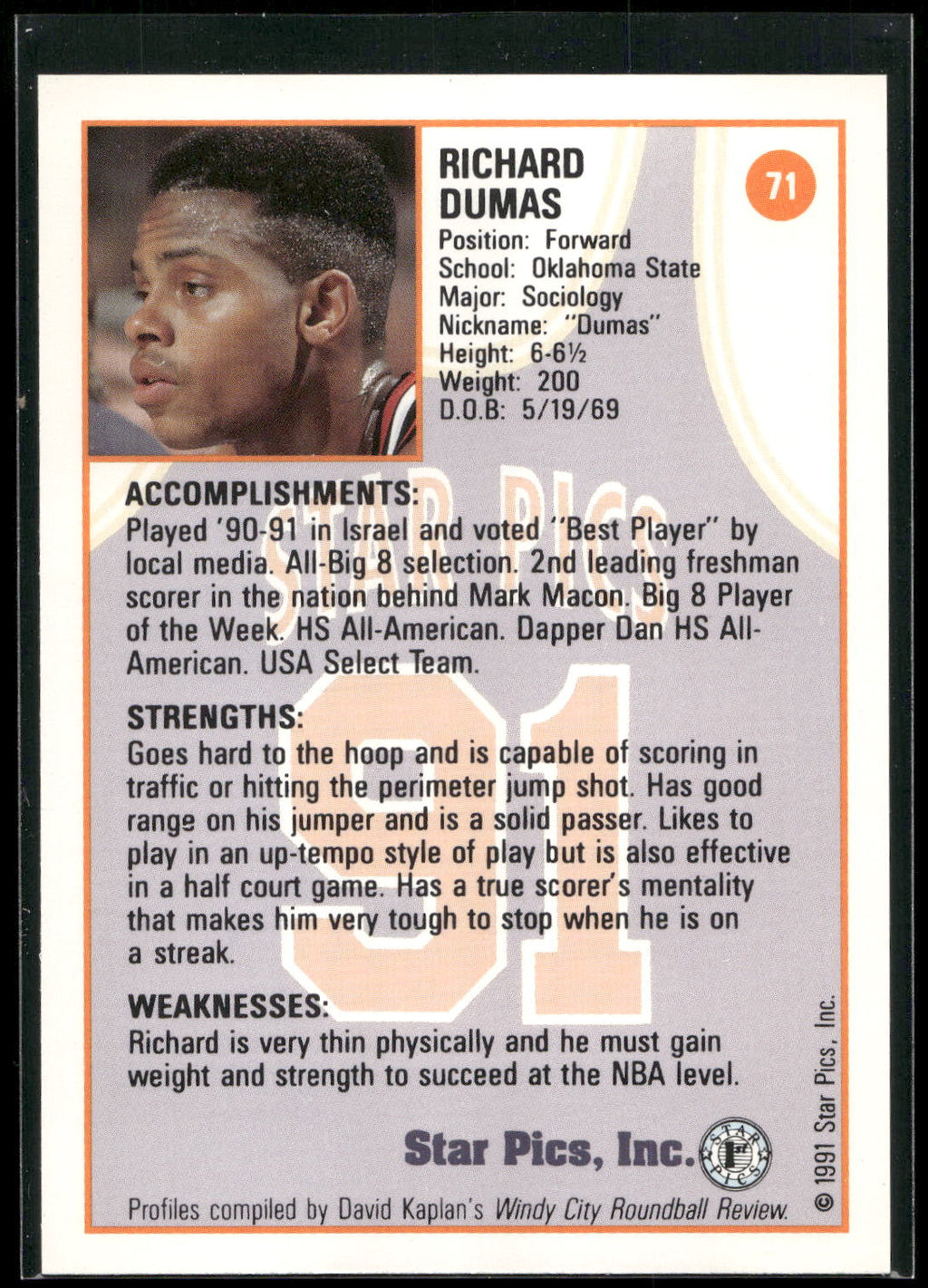 1991 Star Pics #71 Richard Dumas
