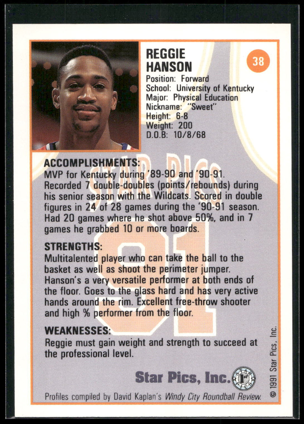 1991 Star Pics #38 Reggie Hanson
