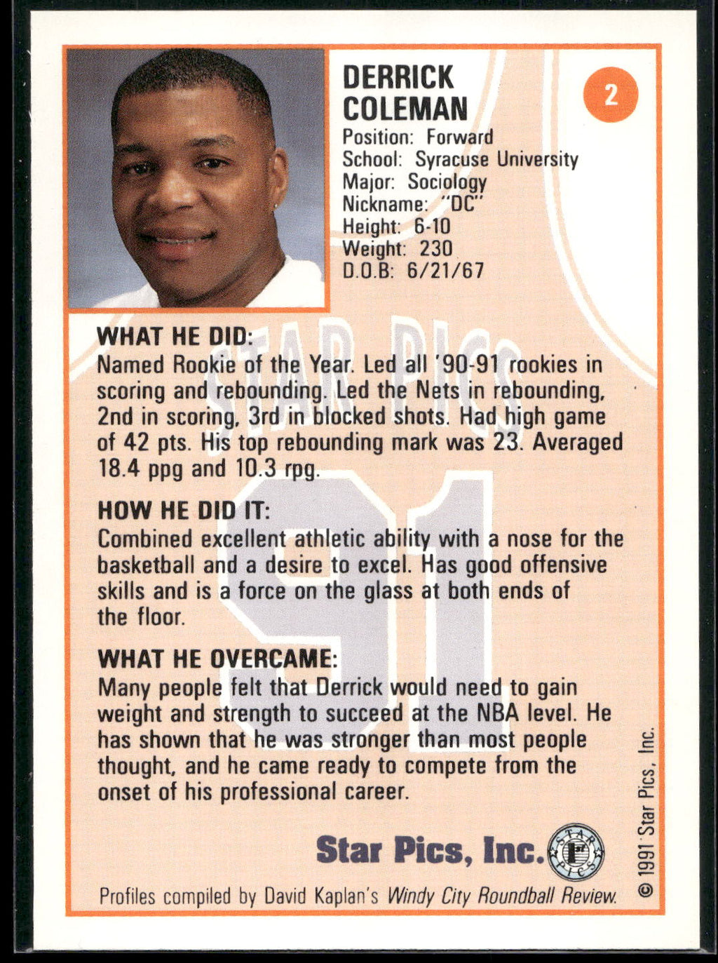 1991 Star Pics #2 Derrick Coleman